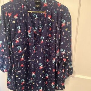Disney The Little Mermaid Harper Blouse Georgette Ariel & Flounder Navy 3X
